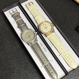 Two NIB Simply Nina Silver Gold Rhinestone Watch Cream Genuine Leather Gift